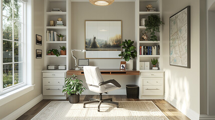 Well organized home office with white accents and tall bookshelves on both sides.