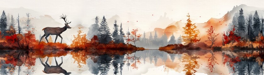 Watercolor painting of a deer in a forest reflected in a lake.