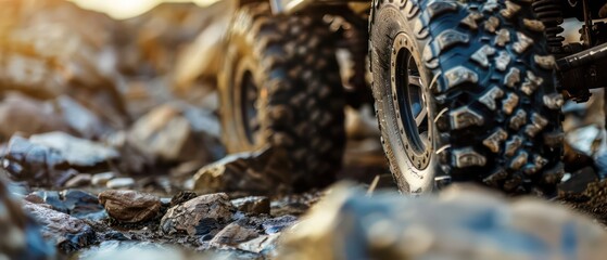 4x4 off-road vehicle rock climbing with a close-up of the wheels gripping in rough rocks