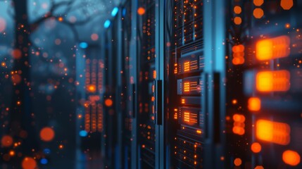 Obraz premium Luminous data center filled with servers emitting vibrant blue and orange tones