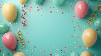 Vibrant Carnival A Minimalist Explosion of Balloons Streamers and Confetti on Turquoise Background
