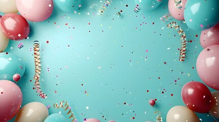 Vibrant Carnival Atmosphere Created by Floating Balloons and Streamers on Turquoise Minimalist