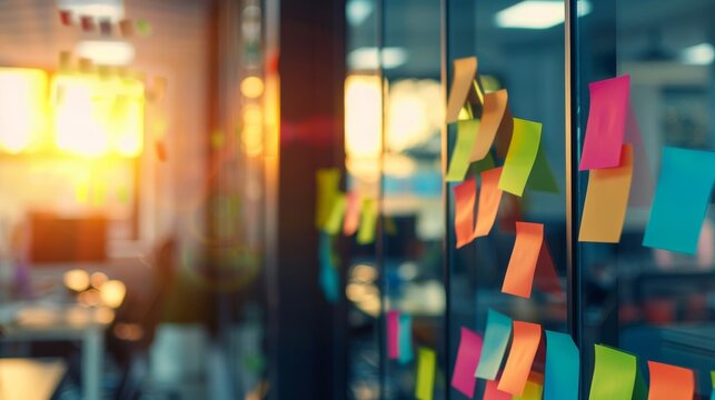 Office alive with sunset hues and vibrant sticky notes