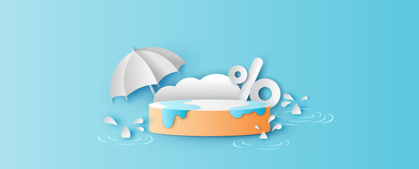 Template circle box design for rainy season sale decorated with clouds, rain drops, umbrella, percent and blank space. paper cut and craft style. vector, illustration.