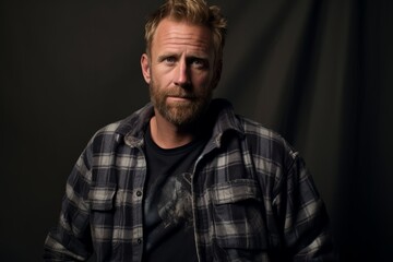 Fototapeta premium Portrait of a handsome man in a plaid shirt on a dark background.