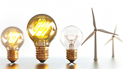 Three light bulbs of different styles lit up, with wind turbines in the background, symbolizing innovation and renewable energy.
