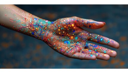 Futuristic bionic arm prosthesis with robotic technology on a field against a blurred background. Bright colors.