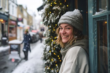 Portrait of a young woman on the background of a Christmas market