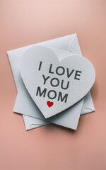A heart-shaped postcard placed in a white envelope. The postcard is made mainly in white, and the words "I LOVE YOU, mom" are printed in black.