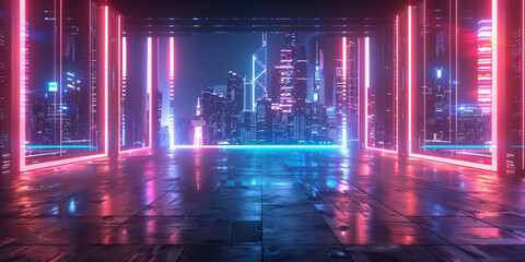 Obraz premium Futuristic cityscape with neon lights illuminating tall buildings in a vibrant and modern metropolis at night 