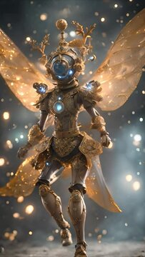 A steampunk fairy with intricate metalwork and glowing blue accents, set against a sparkling backdrop