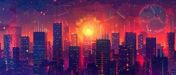 Fototapeta premium high tech and futuristic low angle illustration of a urban cityscape with modern architecture, amazing perspective and neon light effects