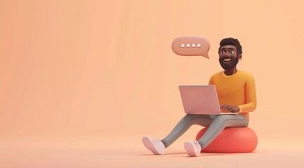 3D character sitting on the laptop, smiling and talking with bubble speech.