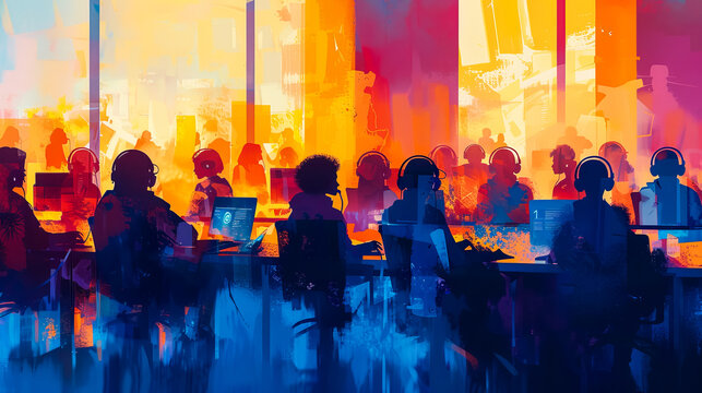 Young people with headsets work at call center.  Image captured in vibrant pop art style, exuding dynamic energy. Bold colors create visually striking composition that captures enthusiasm of this team