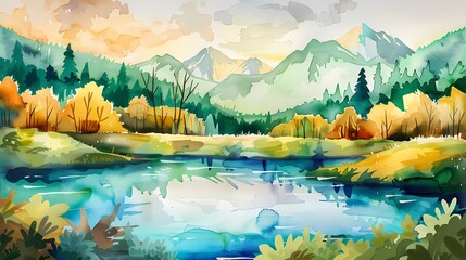 watercolor style lake and mountain view