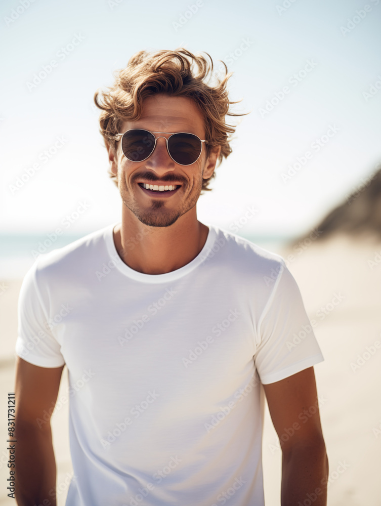 Wall mural Young man, guy, male, dad, one model white t-shirt tee shirt mockup mock-up mock up at the beach ocean photograph   - Wall murals
