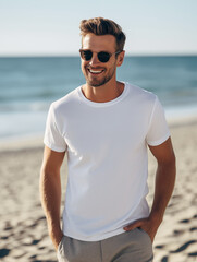 Young man, guy, male, dad, one model white t-shirt tee shirt mockup mock-up mock up at the beach ocean photograph 