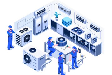 Engineer Maintenance machine isometric industrial employee worker fixing in factory element on white background isolated.