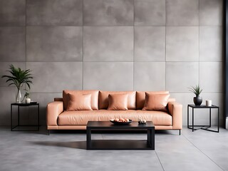  Peach fuzz trend color year 2024 in the premium livingroom. Painted mockup wall for art - microcement pastel beige taupe colour. Modern room design interior lounge. Accent apricot pillows. 3d render 