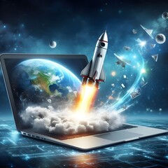 spaceship and space, Rocket coming out of laptop screen, blue background