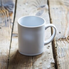 white coffee mug mockup on a wooden surface