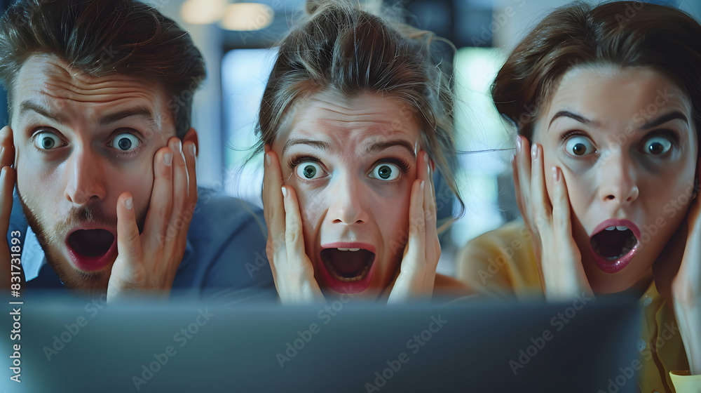 Poster high resolution image: panicked employees reacting to unexpected audit with stress and urgency photo