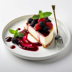 An elegant dessert plate with a slice of cheesecake, berry compote, and mint leaves, white background, natural light, clean and sophisticated composition, high-definition photography Nikon Z7 50mm