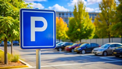 A parking sign with the letter P on it is in a parking lot