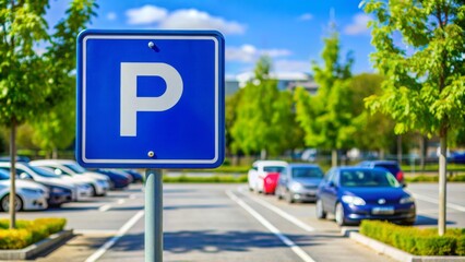 A parking sign with the letter P on it is in a parking lot
