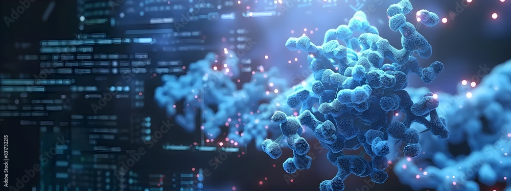 Poster molecular folding simulation on computer display visualizing the complex protein structure