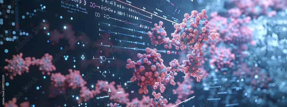 Poster intricate protein folding animation on digital display showcases molecular science and