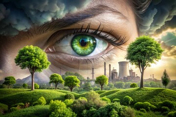 A woman's eye is shown in a green forest with trees