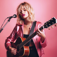 Obraz premium blonde girl sings in front of a microphone with a guitar in her hand 