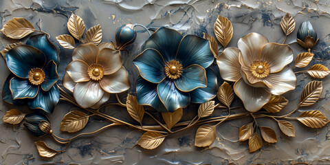 three panel wall art, marble background with golden and silver Teal Flower Plants designs, wall decoration