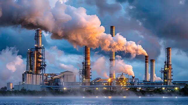 A factory with large chimneys emitting smoke, emphasizing industrial pollution's role in global warming