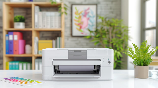 Modern white printer on office desk.