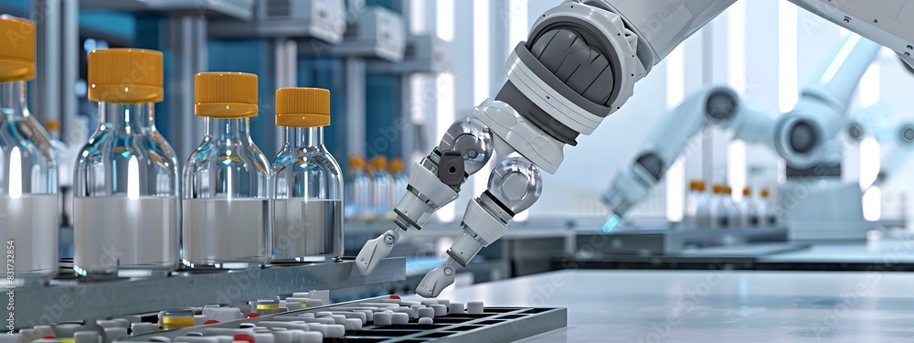 Poster automated drug discovery process with futuristic laboratory robot screening compounds