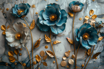 three panel wall art, marble background with golden and silver Teal Flower Plants designs, wall decoration