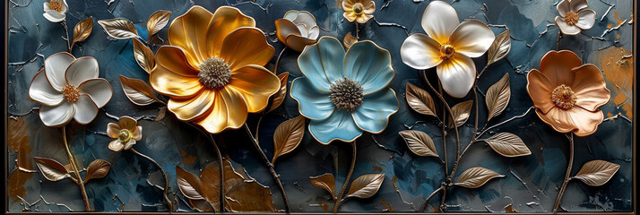 Fototapeta premium three panel wall art, marble background with golden and silver Teal Flower Plants designs, wall decoration