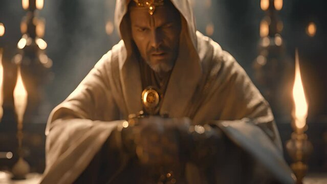 A mysterious figure in a hooded robe sits at a candlelit table, medallion in hand