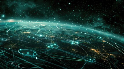 Connection lines around the Earth's surface, future technology backdrop with circles and lines. Internet, social media, travel, or logistical concepts