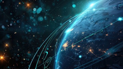 Obraz premium Connection lines around the Earth's surface, future technology backdrop with circles and lines. Internet, social media, travel, or logistical concepts