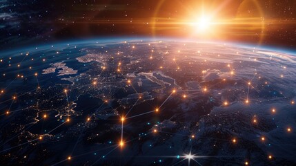 Obraz premium Connection lines around the Earth's surface, future technology backdrop with circles and lines. Internet, social media, travel, or logistical concepts