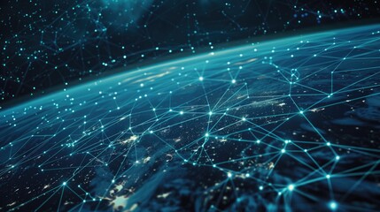 Obraz premium Connection lines around the Earth's surface, future technology backdrop with circles and lines. Internet, social media, travel, or logistical concepts