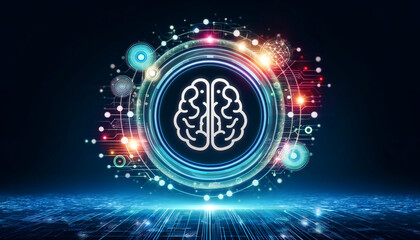 Obraz premium AI Brain Icon with Floating Light Rings