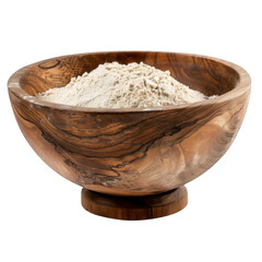 Wooden bowl with flour, white background