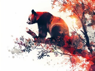 Abstract digital painting of a panda on a tree, vibrant colors blending with nature. Perfect for artistic and wildlife-themed designs.