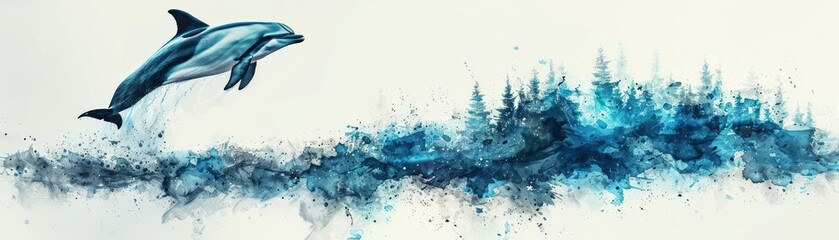 Abstract illustration of a dolphin leaping over a misty, blue forest background, blending nature and marine life in a surreal depiction.
