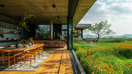 Natural green shade dining room of a house resort by meadow wildflower