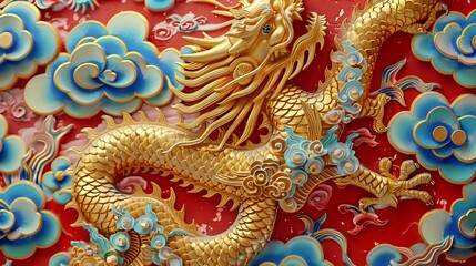Obraz premium Golden dragon on red background.